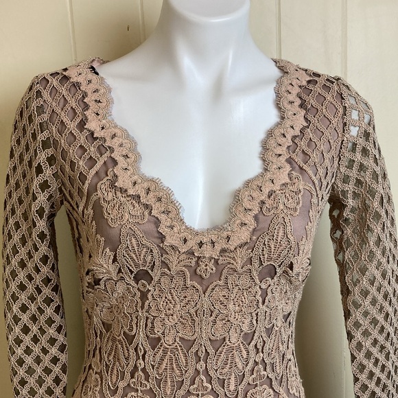 Tadashi Shoji Fitted Lace V Neck Party Dress Womens Size 6 Tan Cocktail Evening - Picture 2 of 10